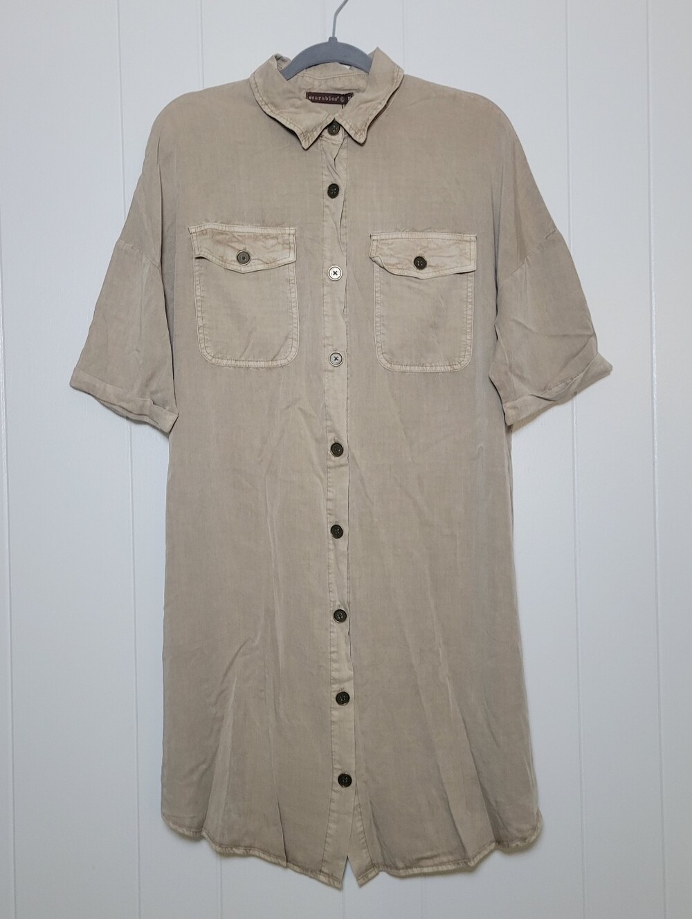 NWT Wearables XCVI Camp Shirt Dress Tunic Button Down Rayon Lyocell Khaki Tan M